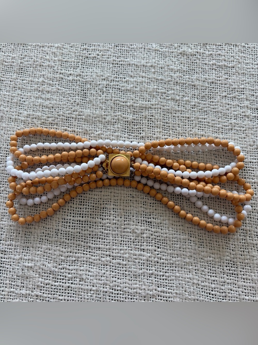 Les Bernard Multi-Strand White and Camel Beaded Necklace with Gold Accent